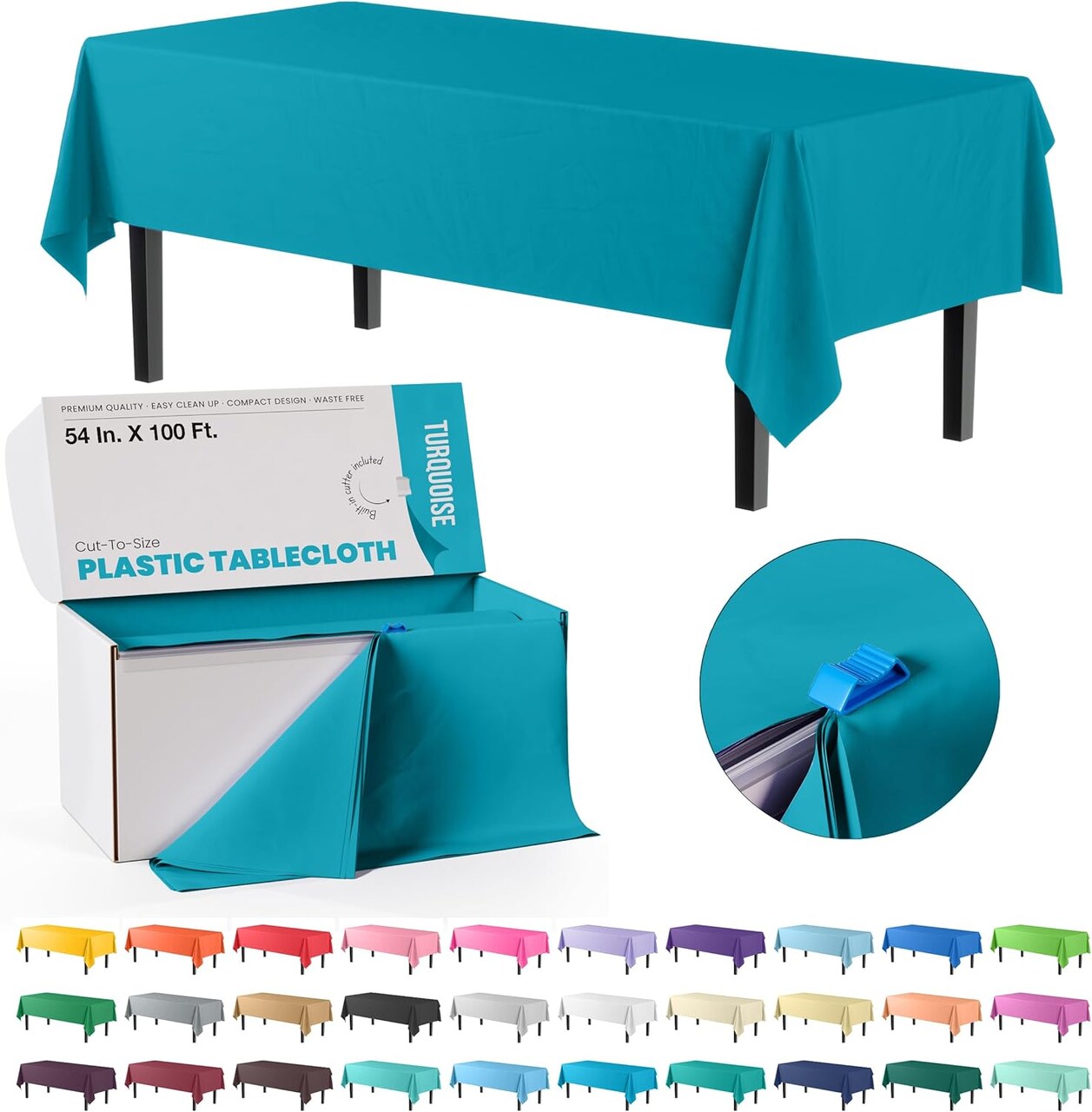 Exquisite Party Solids 54" x 100' Plastic Table Cover Roll with Slide Cutter – Cut-to-Size Dispenser Box – Makes Up to 12 Disposable 8' Rectangle Tablecloths